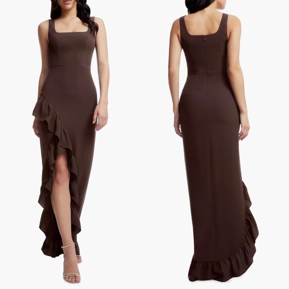 NEW DRESS THE POPULATION Mocha BROWN CHARLENE Square Neck RUFFLE Maxi GOWN S - Picture 1 of 16